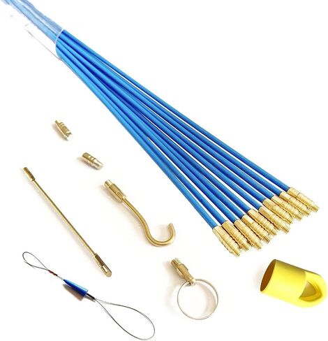Fiberglass Cable Pulling Rod Set 10 Pieces 33cm x 4mm Flexible Electrical Wire Threader Kit with Guide Spring Hook Sliding Eye Connectors and Plastic Storage Case for Electricians Tradesmen and DIY in Kuwait