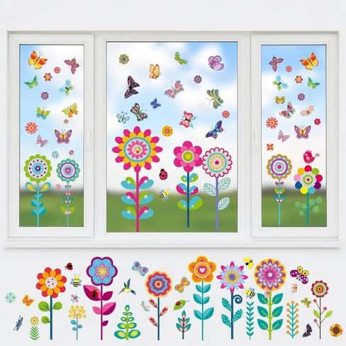 99 Pcs Spring Window Clings Butterfly Flower Window Stickers PVC Removable Spring Summer Window Decals for Glass Window Decoration Birthday Party Supplies (Fresh Style) in Kuwait