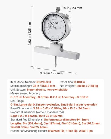 VEVOR Depth Gauge, Depth Micrometer 0-22 inch Measuring Range, 0.001" Resolution, with 4 Anvils & 6 Standard Rods, Precision Easy to Read Mechanical Tool for Measuring Groove, Step, Hole in Saudi Arabia