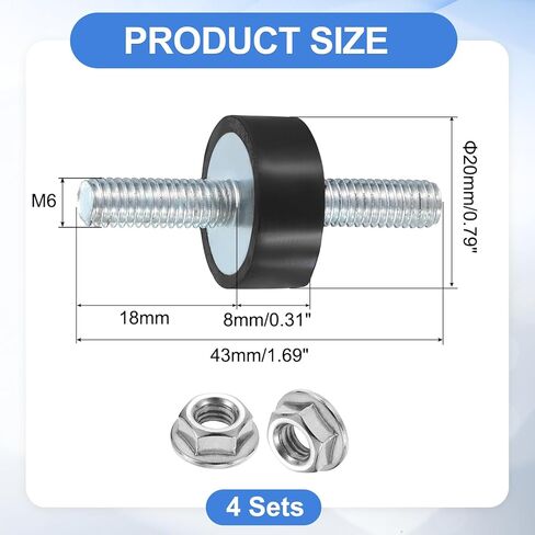uxcell 4Pcs M6 x 18mm Rubber Mounts, 8 x 20mm Cylindrical Anti Vibration Isolator Studs Shock Absorber Double Studs with Nuts for Car Bobbin Generator Air Compressors in Saudi Arabia