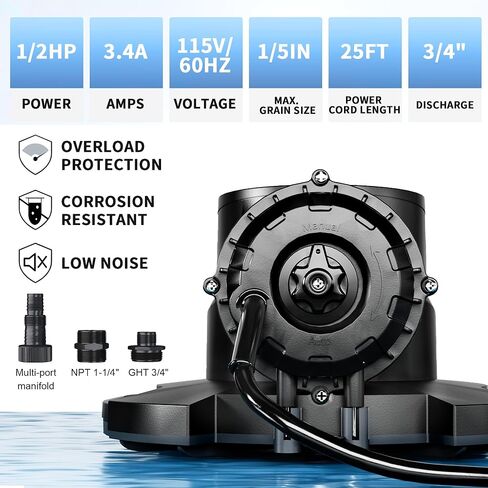 مضخة غطاء حمام السباحة الأوتوماتيكية LANCHEZ 1/2 حصان، مضخة مياه غاطسة 2250 جيجا في الساعة مع صمام فحص و3 محولات، سلك طاقة 25 قدم، إزالة لحمام السباحة، أحواض المياه الساخنة، الأسطح والمزيد، أسود in Kuwait