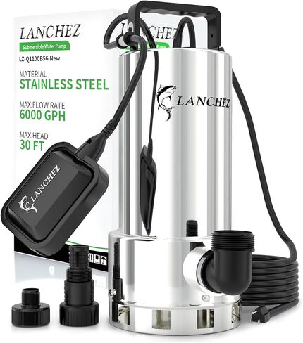 مضخة مستنقع LANCHEZ 1.6HP 6000GPH، مضخة مياه غاطسة من الفولاذ المقاوم للصدأ عالية التدفق مع مفتاح تعويم، مضخة مياه نقل أوتوماتيكية لحوض السباحة في الطابق السفلي من حوض السباحة، فضي in Kuwait