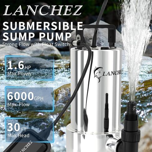مضخة مستنقع LANCHEZ 1.6HP 6000GPH، مضخة مياه غاطسة من الفولاذ المقاوم للصدأ عالية التدفق مع مفتاح تعويم، مضخة مياه نقل أوتوماتيكية لحوض السباحة في الطابق السفلي من حوض السباحة، فضي in Kuwait