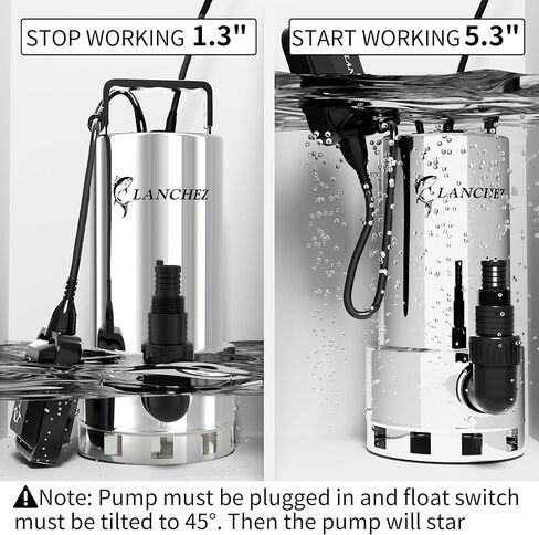 مضخة مستنقع LANCHEZ 1.6HP 6000GPH، مضخة مياه غاطسة من الفولاذ المقاوم للصدأ عالية التدفق مع مفتاح تعويم، مضخة مياه نقل أوتوماتيكية لحوض السباحة في الطابق السفلي من حوض السباحة، فضي in Kuwait