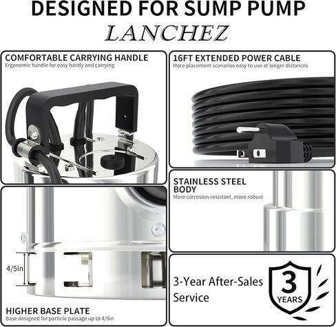 مضخة مستنقع LANCHEZ 1.6HP 6000GPH، مضخة مياه غاطسة من الفولاذ المقاوم للصدأ عالية التدفق مع مفتاح تعويم، مضخة مياه نقل أوتوماتيكية لحوض السباحة في الطابق السفلي من حوض السباحة، فضي in Kuwait