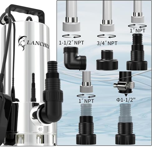 مضخة مستنقع LANCHEZ 1.6HP 6000GPH، مضخة مياه غاطسة من الفولاذ المقاوم للصدأ عالية التدفق مع مفتاح تعويم، مضخة مياه نقل أوتوماتيكية لحوض السباحة في الطابق السفلي من حوض السباحة، فضي in Kuwait