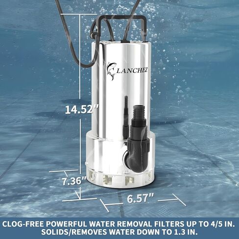 مضخة مستنقع LANCHEZ 1.6HP 6000GPH، مضخة مياه غاطسة من الفولاذ المقاوم للصدأ عالية التدفق مع مفتاح تعويم، مضخة مياه نقل أوتوماتيكية لحوض السباحة في الطابق السفلي من حوض السباحة، فضي in Kuwait