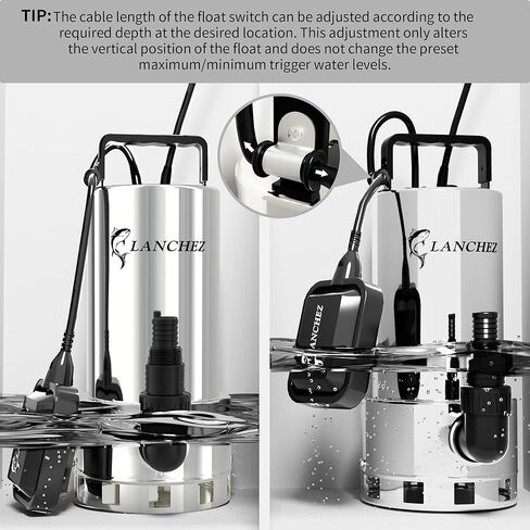 مضخة مستنقع LANCHEZ 1.6HP 6000GPH، مضخة مياه غاطسة من الفولاذ المقاوم للصدأ عالية التدفق مع مفتاح تعويم، مضخة مياه نقل أوتوماتيكية لحوض السباحة في الطابق السفلي من حوض السباحة، فضي in Kuwait