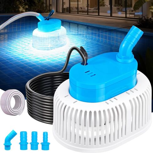 Upgraded Pool Cover Pump Above Ground - Submersible Water Sump Pump with LED Lights, Pool Cover Water Removal Pumps for Pool Draining with 16FT Drainage Hose & 25FT Power Cord, 850 GPH, 4 Adapters in Saudi Arabia