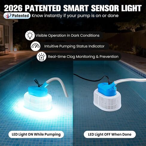 Upgraded Pool Cover Pump Above Ground - Submersible Water Sump Pump with LED Lights, Pool Cover Water Removal Pumps for Pool Draining with 16FT Drainage Hose & 25FT Power Cord, 850 GPH, 4 Adapters in Saudi Arabia