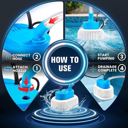 Upgraded Pool Cover Pump Above Ground - Submersible Water Sump Pump with LED Lights, Pool Cover Water Removal Pumps for Pool Draining with 16FT Drainage Hose & 25FT Power Cord, 850 GPH, 4 Adapters in Saudi Arabia