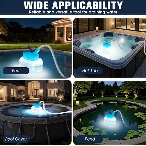 Upgraded Pool Cover Pump Above Ground - Submersible Water Sump Pump with LED Lights, Pool Cover Water Removal Pumps for Pool Draining with 16FT Drainage Hose & 25FT Power Cord, 850 GPH, 4 Adapters in Saudi Arabia