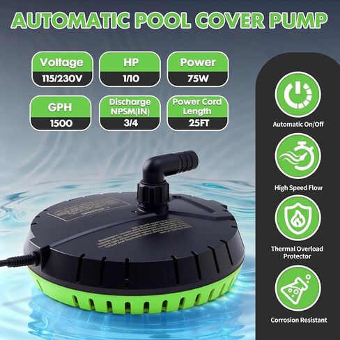 Automatic Pool Cover Pump, 1500GPH Submersible Sump Pump for Pool Draining, 25FT Power Cord, 2 Adapters, Available for Swimming Pool Covers, Swimming Pools, Fish Tanks, Ponds, Green in Saudi Arabia
