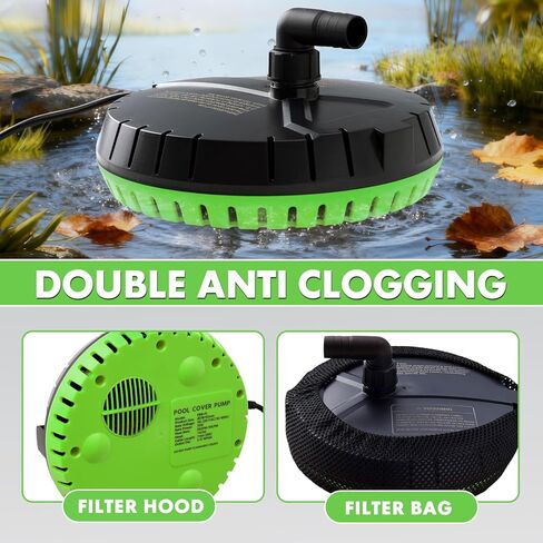 Automatic Pool Cover Pump, 1500GPH Submersible Sump Pump for Pool Draining, 25FT Power Cord, 2 Adapters, Available for Swimming Pool Covers, Swimming Pools, Fish Tanks, Ponds, Green in Saudi Arabia