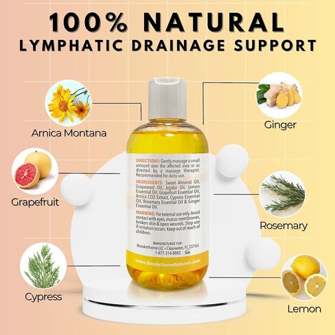 Lymphatic Massage Oil for Massage Therapy | 100% Natural Lymphatic Drainage Oil | Premium Quality with Arnica, Lemon & Ginger | for Post Surgery Recovery & Detox | 8oz by Brookethorne Naturals in Saudi Arabia