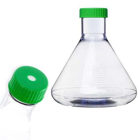 1000ml Plastic Erlenmeyer Flask, 2Pcs 33.8oz Sterile Polycarbonate (PC) Conical Cell Culture Flask with Vent Cap for Lab Experiment Chemistry Science, Graduated, 0.22 μm PTFE, Flat Bottom in Kuwait