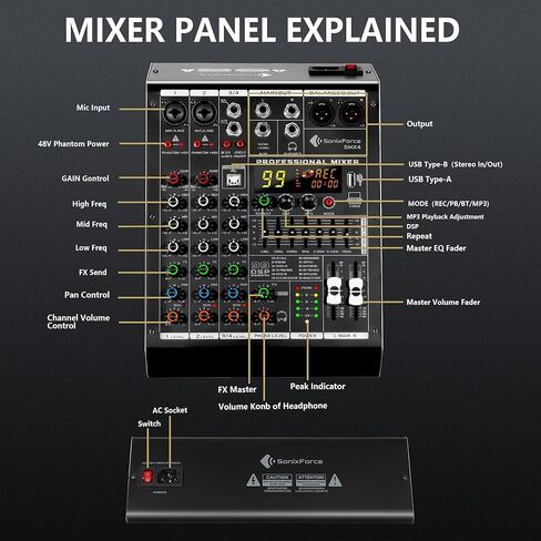 4 Channel Audio Mixer, 99 DSP Sound Board Console with 48V Phantom Power, Professional DJ Mixer for Podcasting, Streaming, Studio Recording (SMX4) in Saudi Arabia