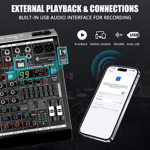 4 Channel Audio Mixer, 99 DSP Sound Board Console with 48V Phantom Power, Professional DJ Mixer for Podcasting, Streaming, Studio Recording (SMX4) in Saudi Arabia