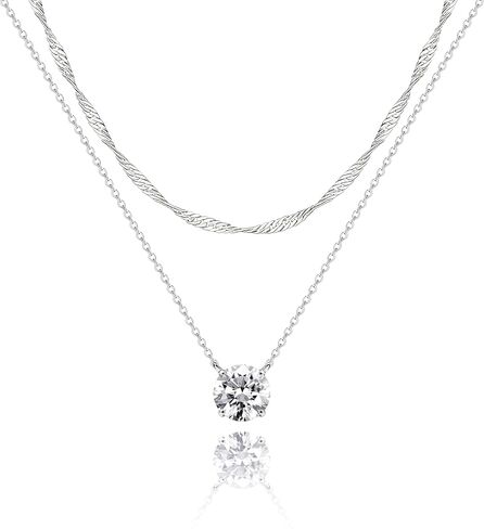 Diamond Necklaces for Women Non Tarnish, Dainty 14K Gold Stack Silver Choker Chain Double Pendant Diamond Necklace, Layered Trendy Simple Prom CZ Jewelry Sets Gifts for Women in Kuwait