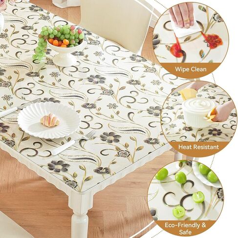 واقي طاولة على شكل زهور من LovePads مقاس 36 × 48 بوصة، غطاء طاولة بلاستيكي بسمك 1.5 مم، مفرش طاولة مستطيل من الفينيل المقاوم للماء للمطبخ وغرفة الطعام وطاولة القهوة in Kuwait