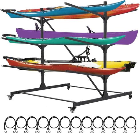 FAHKNS Kayak Storage Rack, Freestanding Kayak Stand with Wheels, 3-Leves Adjustable Canoes and Surfboards Bracket for Garage and Outdoor Storage in Saudi Arabia