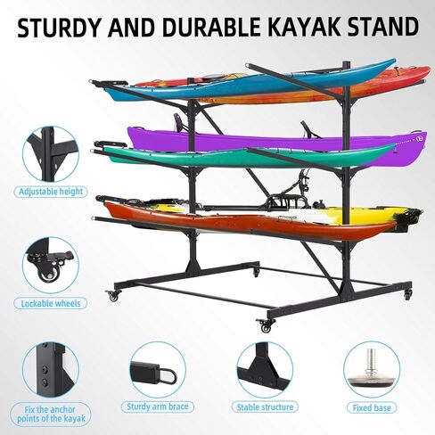 FAHKNS Kayak Storage Rack, Freestanding Kayak Stand with Wheels, 3-Leves Adjustable Canoes and Surfboards Bracket for Garage and Outdoor Storage in Saudi Arabia