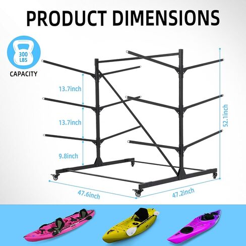 FAHKNS Kayak Storage Rack, Freestanding Kayak Stand with Wheels, 3-Leves Adjustable Canoes and Surfboards Bracket for Garage and Outdoor Storage in Saudi Arabia