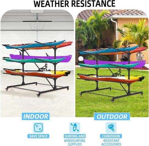 FAHKNS Kayak Storage Rack, Freestanding Kayak Stand with Wheels, 3-Leves Adjustable Canoes and Surfboards Bracket for Garage and Outdoor Storage in Saudi Arabia