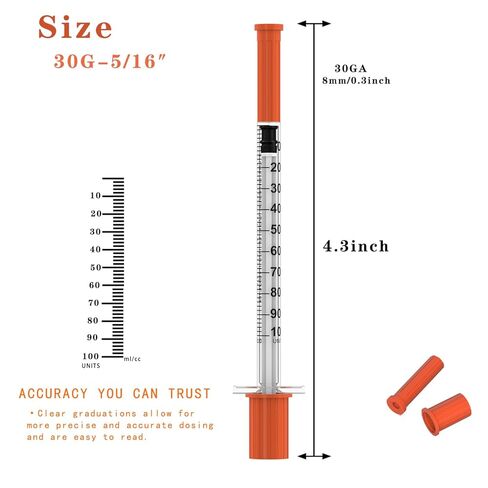 محاقن U-100 يمكن التخلص منها بإبرة - 1 مل/سم مكعب، 30 جرام 5/16 بوصة (8 مم)، مغلفة بشكل فردي، 30 عبوة | مستلزمات المختبرات in Kuwait