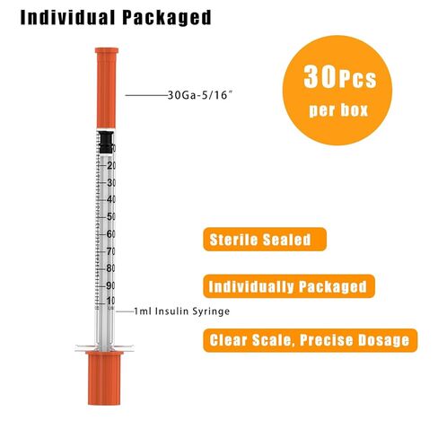 محاقن U-100 يمكن التخلص منها بإبرة - 1 مل/سم مكعب، 30 جرام 5/16 بوصة (8 مم)، مغلفة بشكل فردي، 30 عبوة | مستلزمات المختبرات in Kuwait