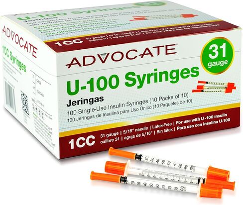 Advocate Insulin Syringe 31G 1cc 5/16 Inch, Box of 100 Surgical-Steel Needles with Clear Unit Markings and Smooth Plunger, Sterile Single-Use Diabetic Supplies, 1ml Jeringas para Insulina in Kuwait