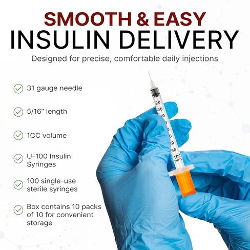 Advocate Insulin Syringe 31G 1cc 5/16 Inch, Box of 100 Surgical-Steel Needles with Clear Unit Markings and Smooth Plunger, Sterile Single-Use Diabetic Supplies, 1ml Jeringas para Insulina in Kuwait