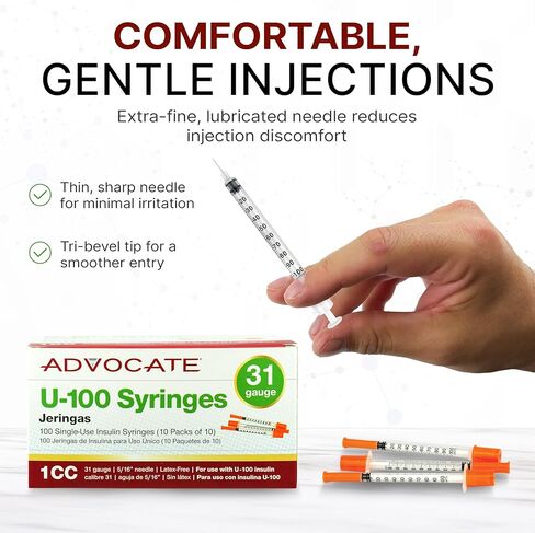 Advocate Insulin Syringe 31G 1cc 5/16 Inch, Box of 100 Surgical-Steel Needles with Clear Unit Markings and Smooth Plunger, Sterile Single-Use Diabetic Supplies, 1ml Jeringas para Insulina in Kuwait