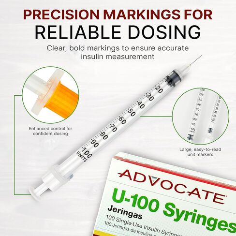 Advocate Insulin Syringe 31G 1cc 5/16 Inch, Box of 100 Surgical-Steel Needles with Clear Unit Markings and Smooth Plunger, Sterile Single-Use Diabetic Supplies, 1ml Jeringas para Insulina in Kuwait