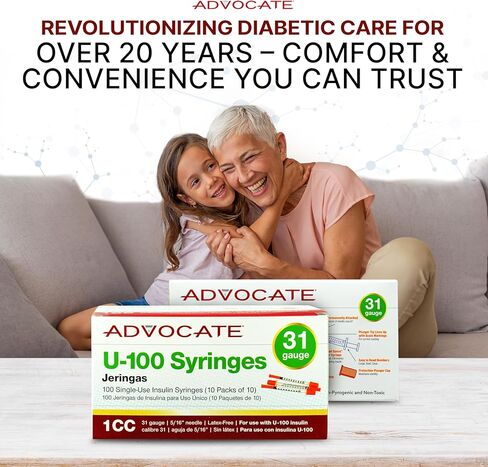 Advocate Insulin Syringe 31G 1cc 5/16 Inch, Box of 100 Surgical-Steel Needles with Clear Unit Markings and Smooth Plunger, Sterile Single-Use Diabetic Supplies, 1ml Jeringas para Insulina in Kuwait