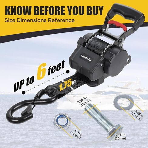 Ayaport Boat Retractable Tie Down Straps to Trailer 1.75in x 6ft Bolt-on Transom Tie Downs - 4400lbs Break Strength, Heavy Duty Boat Trailer Ratchet Straps 2pk in Kuwait