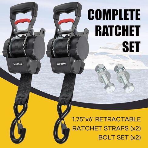 Ayaport Boat Retractable Tie Down Straps to Trailer 1.75in x 6ft Bolt-on Transom Tie Downs - 4400lbs Break Strength, Heavy Duty Boat Trailer Ratchet Straps 2pk in Kuwait