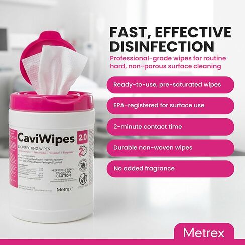 Metrex – CaviWipes 2.0 Disinfecting Wipes for Healthcare, Dental & Clinical Use – Manual Pull, Pre-Moistened, Non-Sterile, Disposable 6" x 6.75" – 160 Wipes per Canister, 12 Canisters/Case in Saudi Arabia