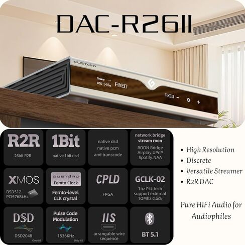 Gustard DAC-R26 II R2R Streamer DAC, Discrete 26bit Decoder with DSD2048, USB/Opt/Coax/IIS/AES/LAN Input, Fully Balanced Digital-Analog Converter, 10MHz Clock, Home Audio Network DAC, Black in Saudi Arabia