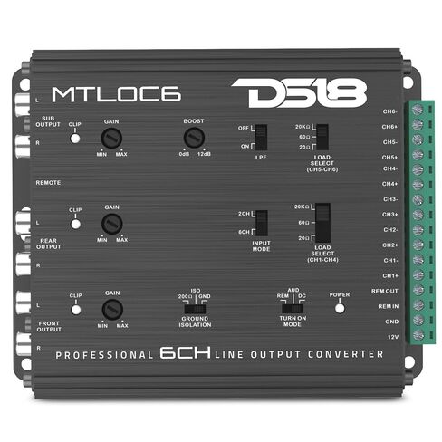 DS18 MTLOC6 6-Channel High-to-Low Level Line Output Converter with Remote Turn-On | Selectable 20/60/20kΩ Input Impedance | Aluminum Housing with Bass Boost (0–12dB) in Saudi Arabia