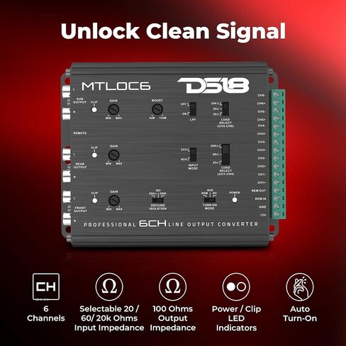 DS18 MTLOC6 6-Channel High-to-Low Level Line Output Converter with Remote Turn-On | Selectable 20/60/20kΩ Input Impedance | Aluminum Housing with Bass Boost (0–12dB) in Saudi Arabia
