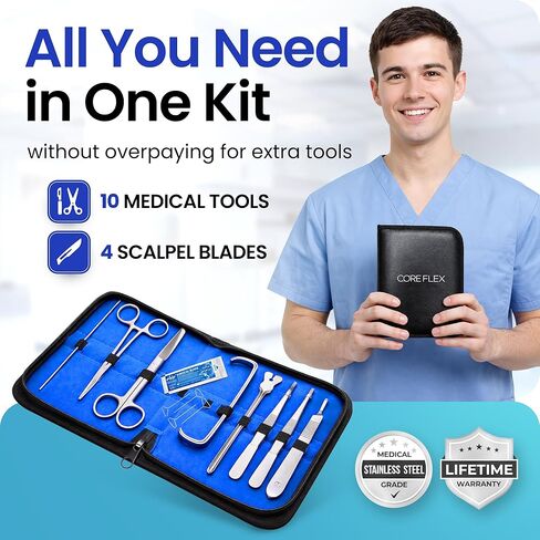 Core Flex Advanced Dissection Kit Biology Lab Anatomy Dissecting Set with Stainless Steel Scalpel Knife Handle Blades for Medical and Veterinary Students Stainless Steel 15-Piece in Kuwait