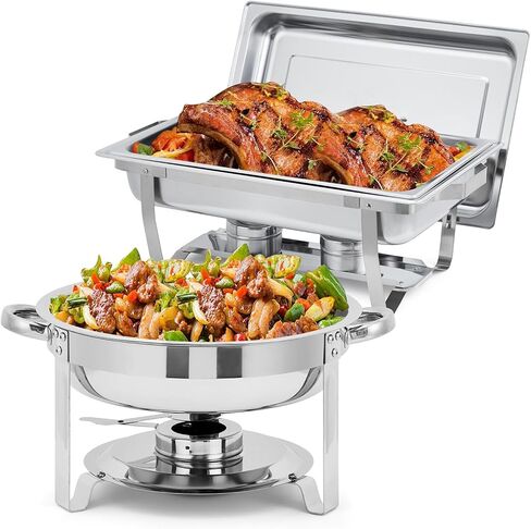 Commercial Chafing Dish Buffet Set – 6 Pack 8QT Rectangular & 5QT Round Stainless Steel Food Warmers, Lids, Pans & Fuel Holders – Stackable, Dishwasher-Safe – Perfect for Catering, Weddings, Banquets in Saudi Arabia