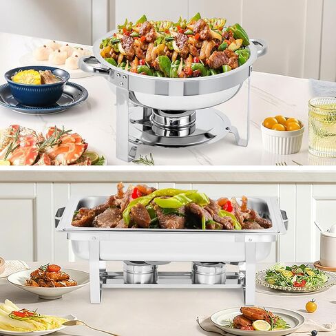 Commercial Chafing Dish Buffet Set – 6 Pack 8QT Rectangular & 5QT Round Stainless Steel Food Warmers, Lids, Pans & Fuel Holders – Stackable, Dishwasher-Safe – Perfect for Catering, Weddings, Banquets in Saudi Arabia