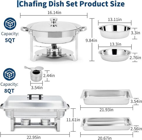 Commercial Chafing Dish Buffet Set – 6 Pack 8QT Rectangular & 5QT Round Stainless Steel Food Warmers, Lids, Pans & Fuel Holders – Stackable, Dishwasher-Safe – Perfect for Catering, Weddings, Banquets in Saudi Arabia