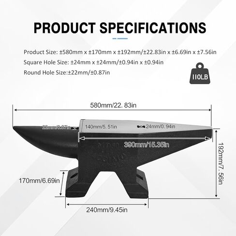 110 LBS Cast Iron Anvil Blacksmith Forging Farrier Round Horn Hardie Hole Square Hole Heat Treated HRC55 Heavy Duty Metal Working Bench Tool in Saudi Arabia