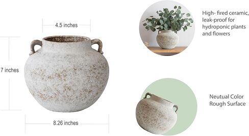 مزهرية من السيراميك البيضاء المصنوعة يدويًا ، مزهرية من الفخار المزخرفة مع أذنين للقطاعات المركزية ، المطبخ ، غرفة المعيشة ، هدايا ديكور غرفة النوم (بيج أبيض*، قصير) in Kuwait