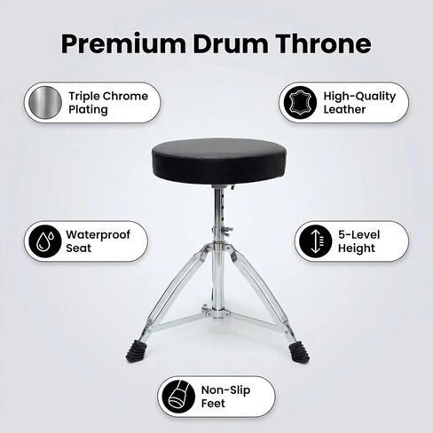 Drum Throne, Adjustable Height Drum Stool with Thick Padded Cushion, Lightweight Portable, for Drummers, Practice, Studio, Ideal for Beginners, novices, and Amateur Drummers in Kuwait