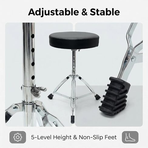 Drum Throne, Adjustable Height Drum Stool with Thick Padded Cushion, Lightweight Portable, for Drummers, Practice, Studio, Ideal for Beginners, novices, and Amateur Drummers in Kuwait