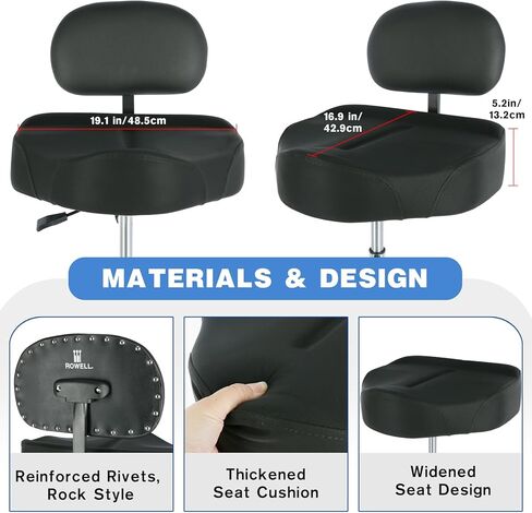 ROWELL Drum Throne with Backrest Height Adjustable Hydraulic Drum Stool 5.2 inch Thickened Cushion Drums Seat Heavy Duty Motorcycle Drums Stool Airlift Guitar Chair for Adult Drummers in Kuwait